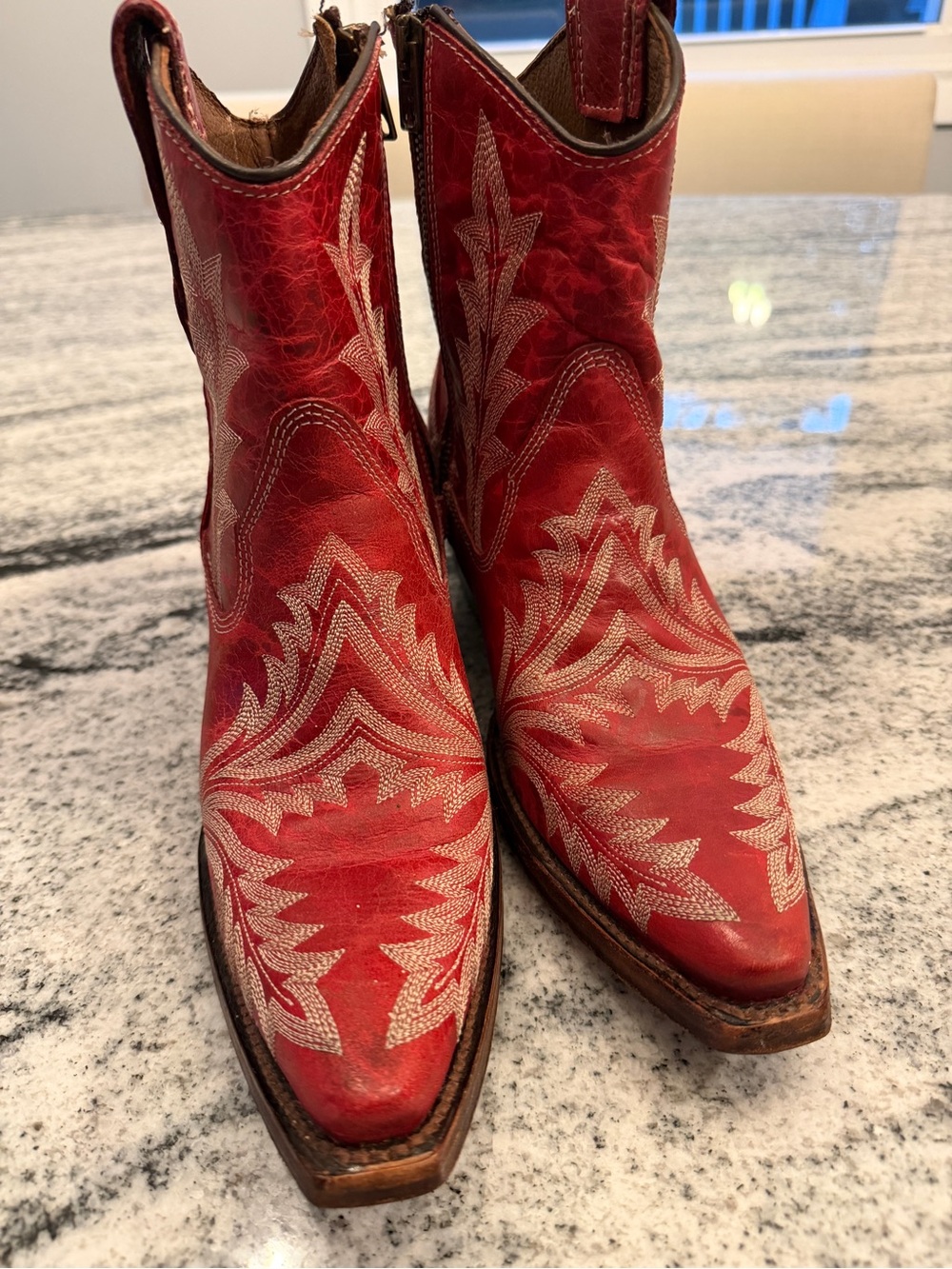 Red Leather Western Ankle Booties with Embroidered Detail - Picture 8 of 12